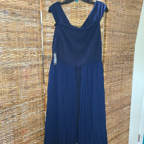 NWT NY&C Navy Blue Dress Drop Shoulder Sleeveless Pleated Wrap Skirt SZ L - Picture 1 of 9